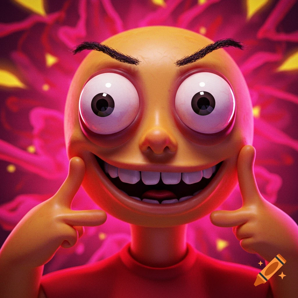 Close-up of a wide-eyed, grinning yellow cartoon character with hands on its cheeks against a pink abstract background.