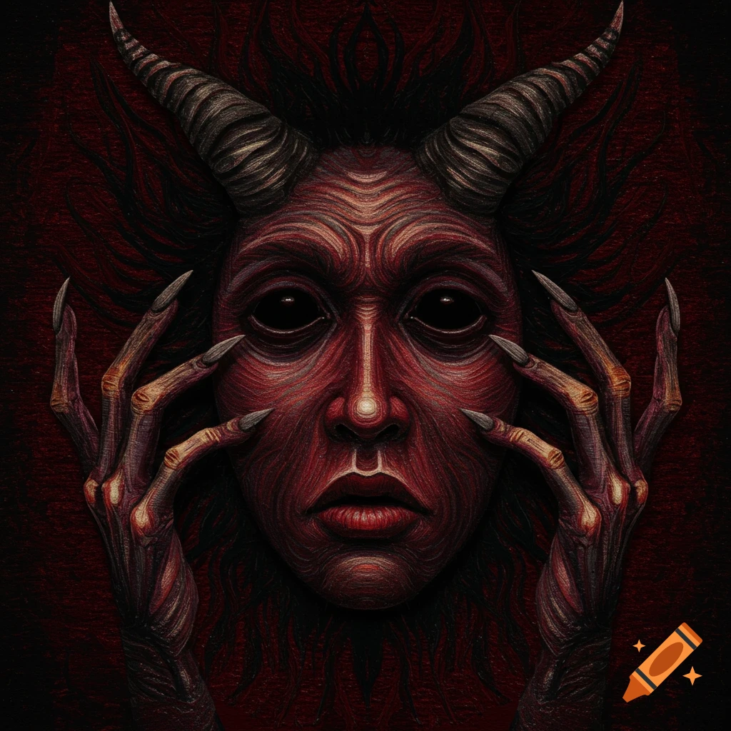 A dark, stylized illustration of a demonic face with red skin, black eyes, horns, and long, clawed hands against a textured red background.
