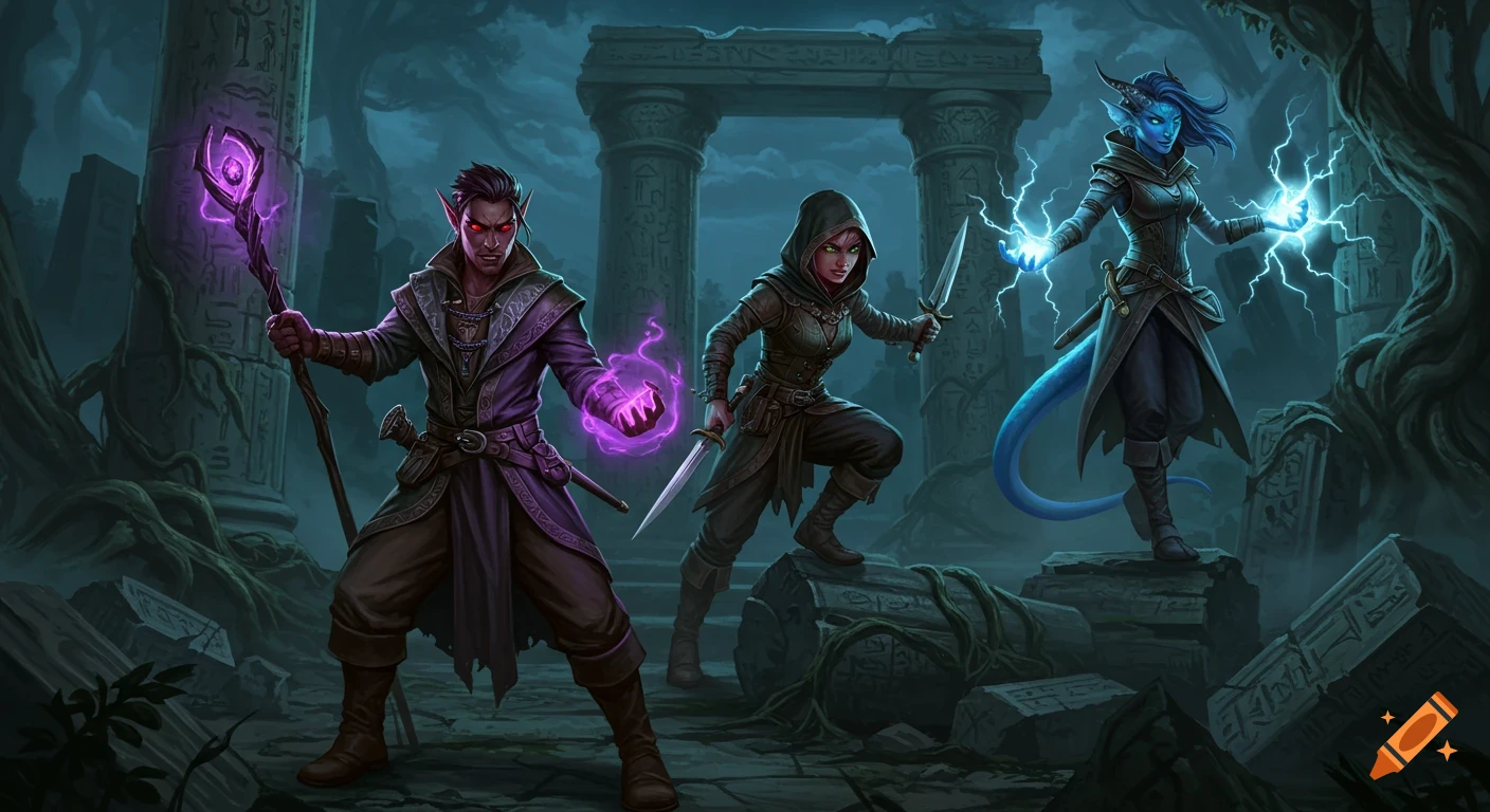 A dynamic illustration of three fantasy adventurers in a ruined temple. An elf wizard casts purple magic, a rogue wields daggers, and a blue-skinned tiefling sorceress conjures lightning.