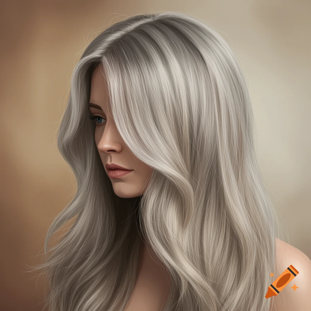 A close-up portrait of a woman with long, flowing silver hair and blue eyes, looking down and to the left.