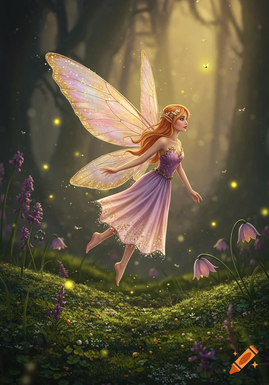 A whimsical digital painting of a red-haired fairy with large, sparkling wings floating above a mossy forest floor with purple flowers and glowing lights.