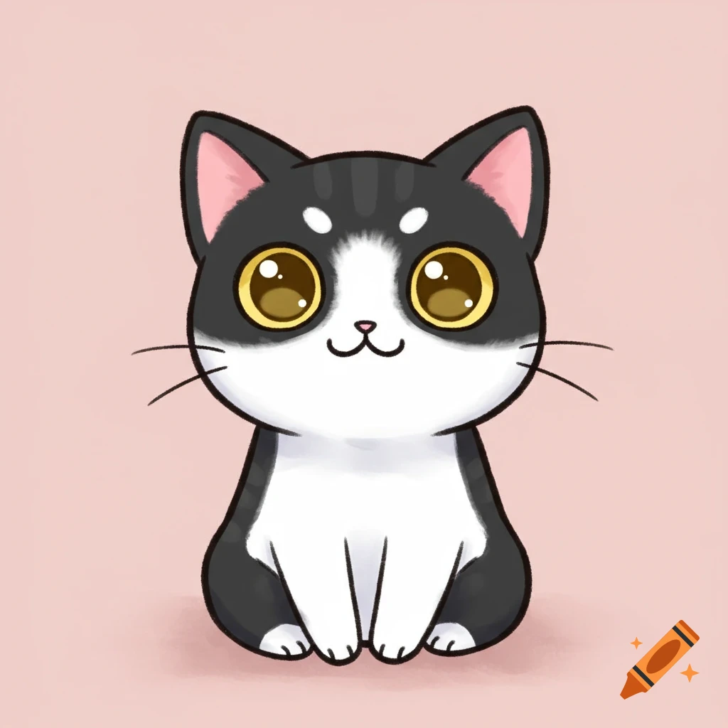 A cute black and white cartoon cat with large yellow eyes is sitting on a light pink background.