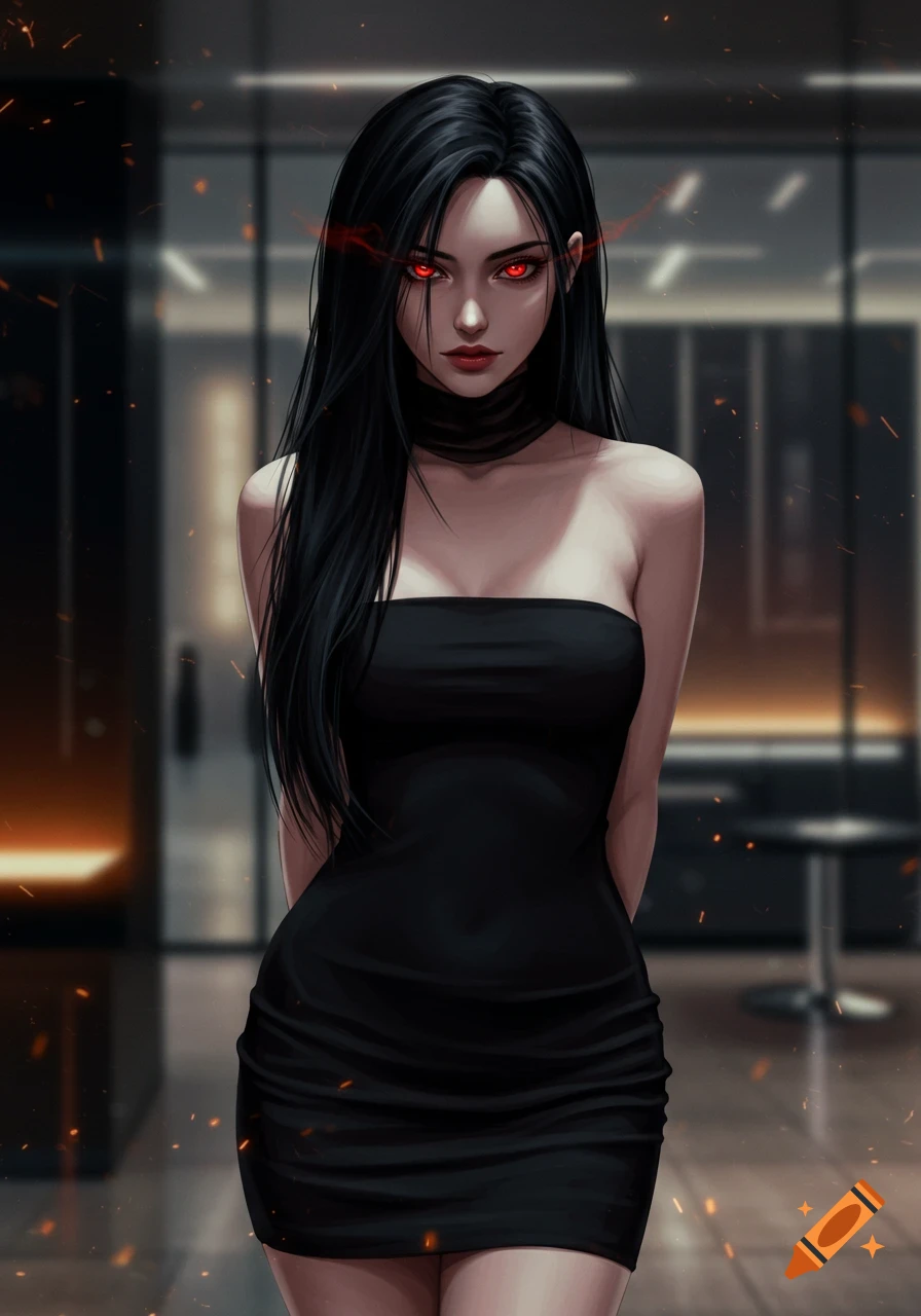 Digital art of a woman with long black hair and glowing red eyes in a black strapless dress in a modern room.