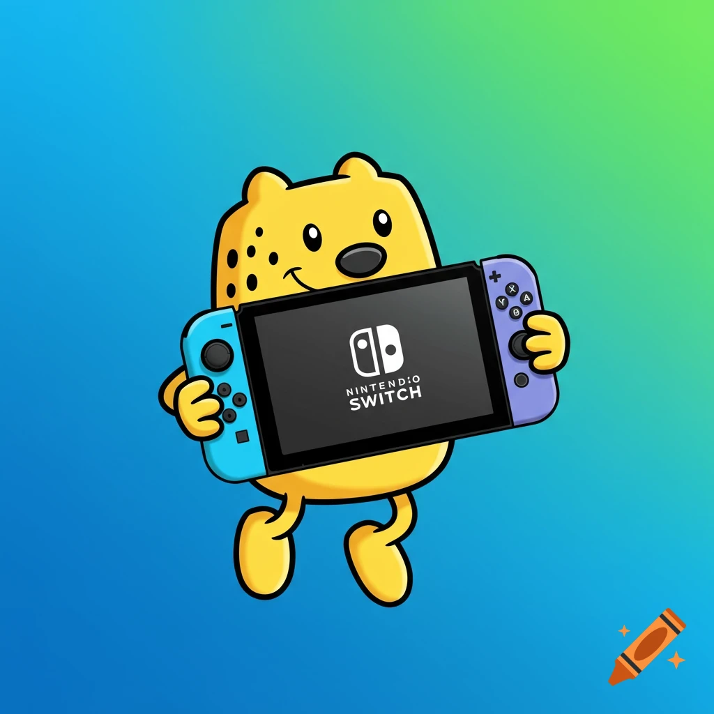 A yellow cartoon character resembling Wubbzy holds a Nintendo Switch against a blue and green gradient background.