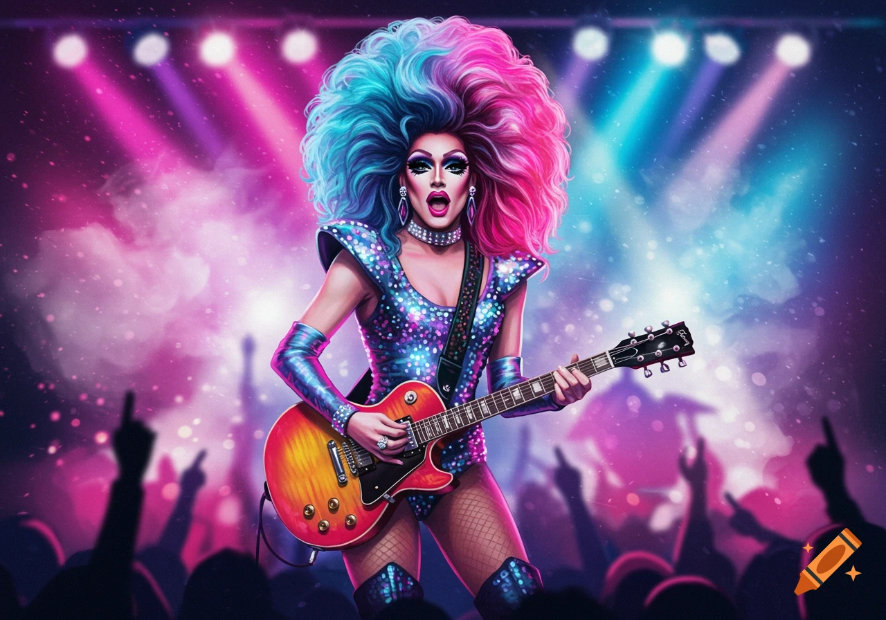 A drag queen with large, colorful pink and blue hair and a sparkling outfit plays an electric guitar on a brightly lit stage with a silhouetted audience.