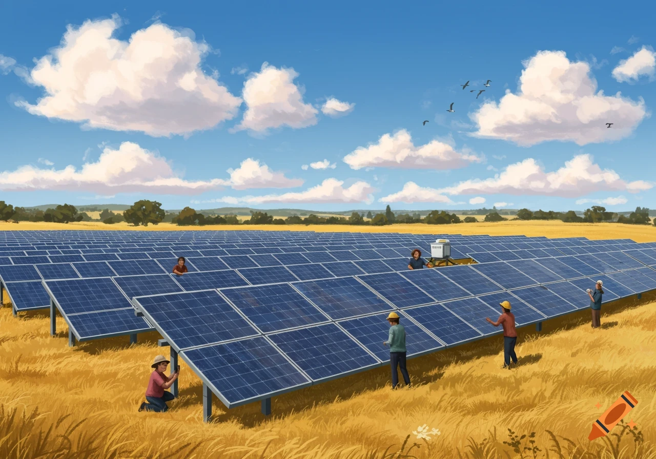 An illustration of a large solar panel field under a blue sky, with several people working among the panels in a sunny landscape.