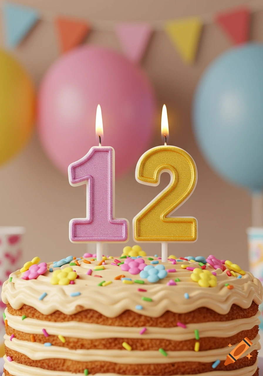 Close-up of a birthday cake with lit number 12 candles, colorful sprinkles, and pastel balloons in the background.