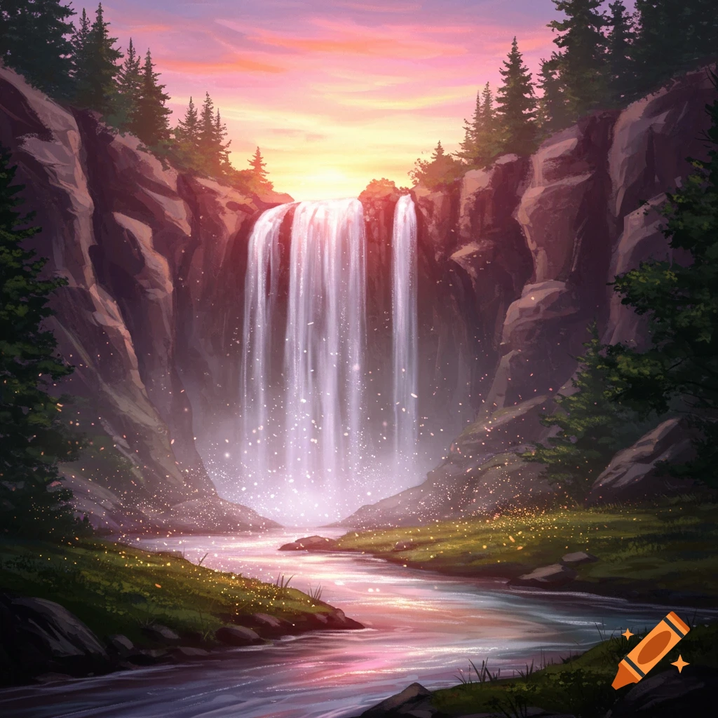 A vibrant fantasy landscape at sunset with a shimmering waterfall flowing between rocky cliffs into a glowing river.