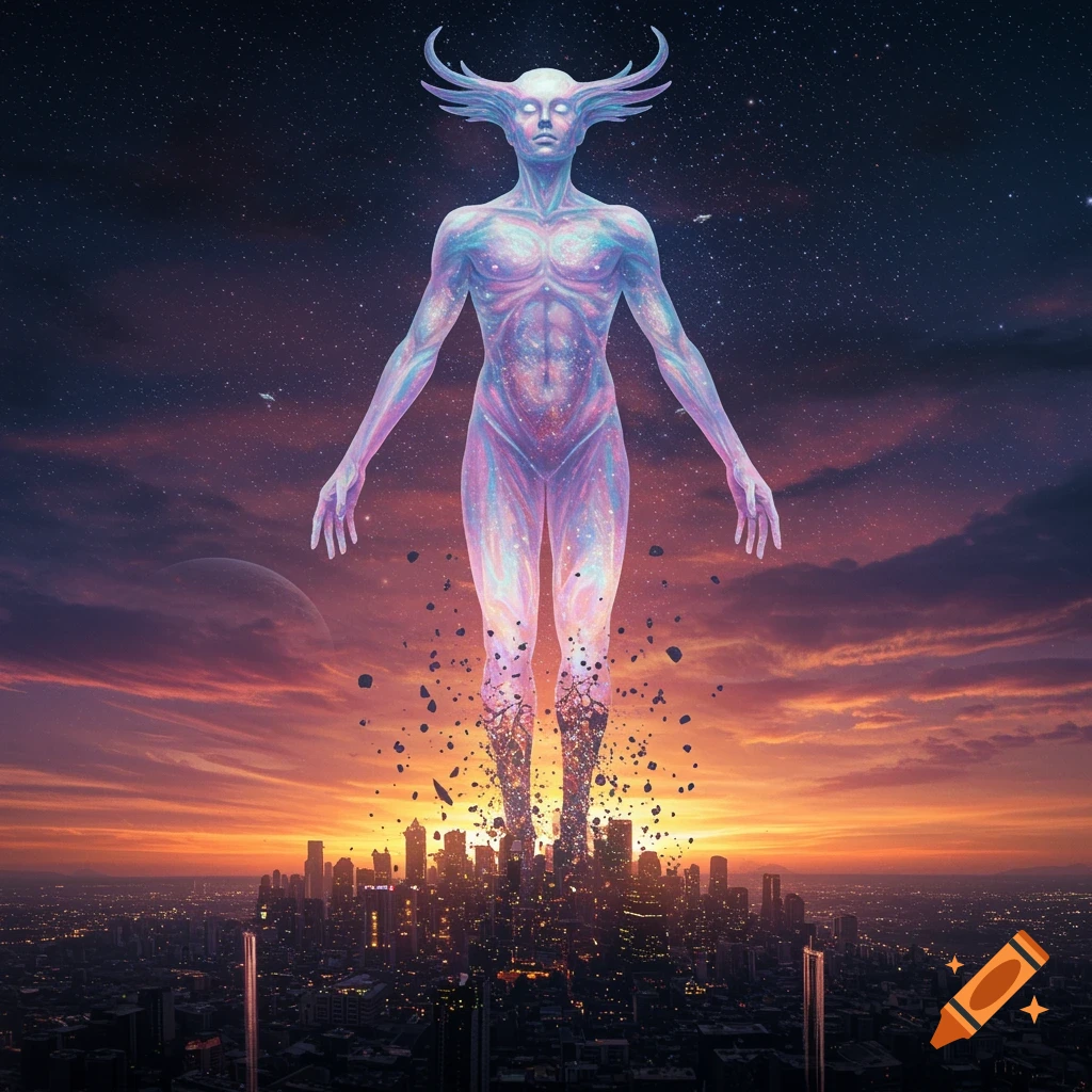 An ethereal, cosmic being with antlers stands large above a city at sunset, with buildings crumbling around its legs.