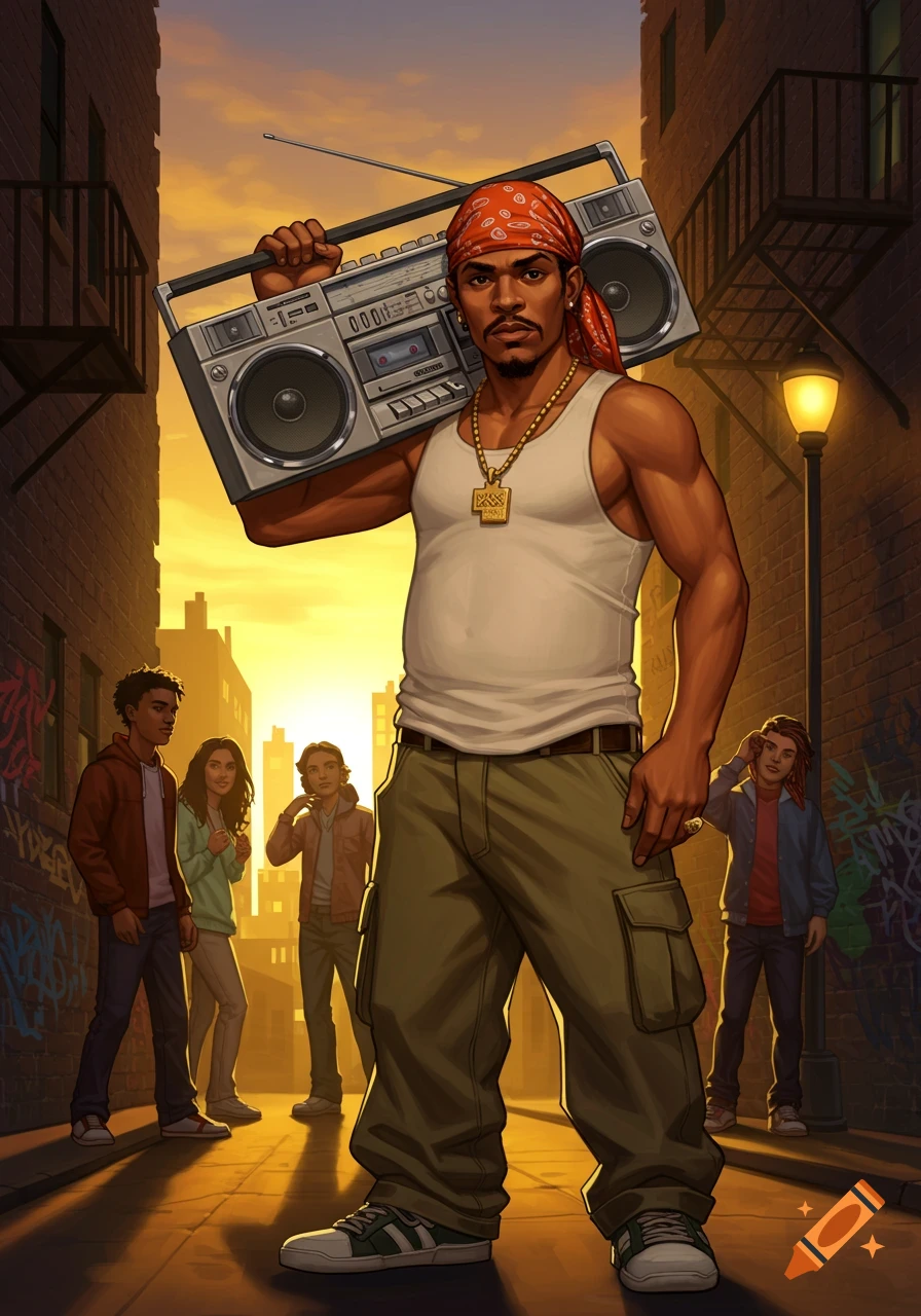 A stylized illustration of a man with a red bandana and tank top, carrying a boombox on his shoulder, standing in an alleyway at sunset with other people in the background.