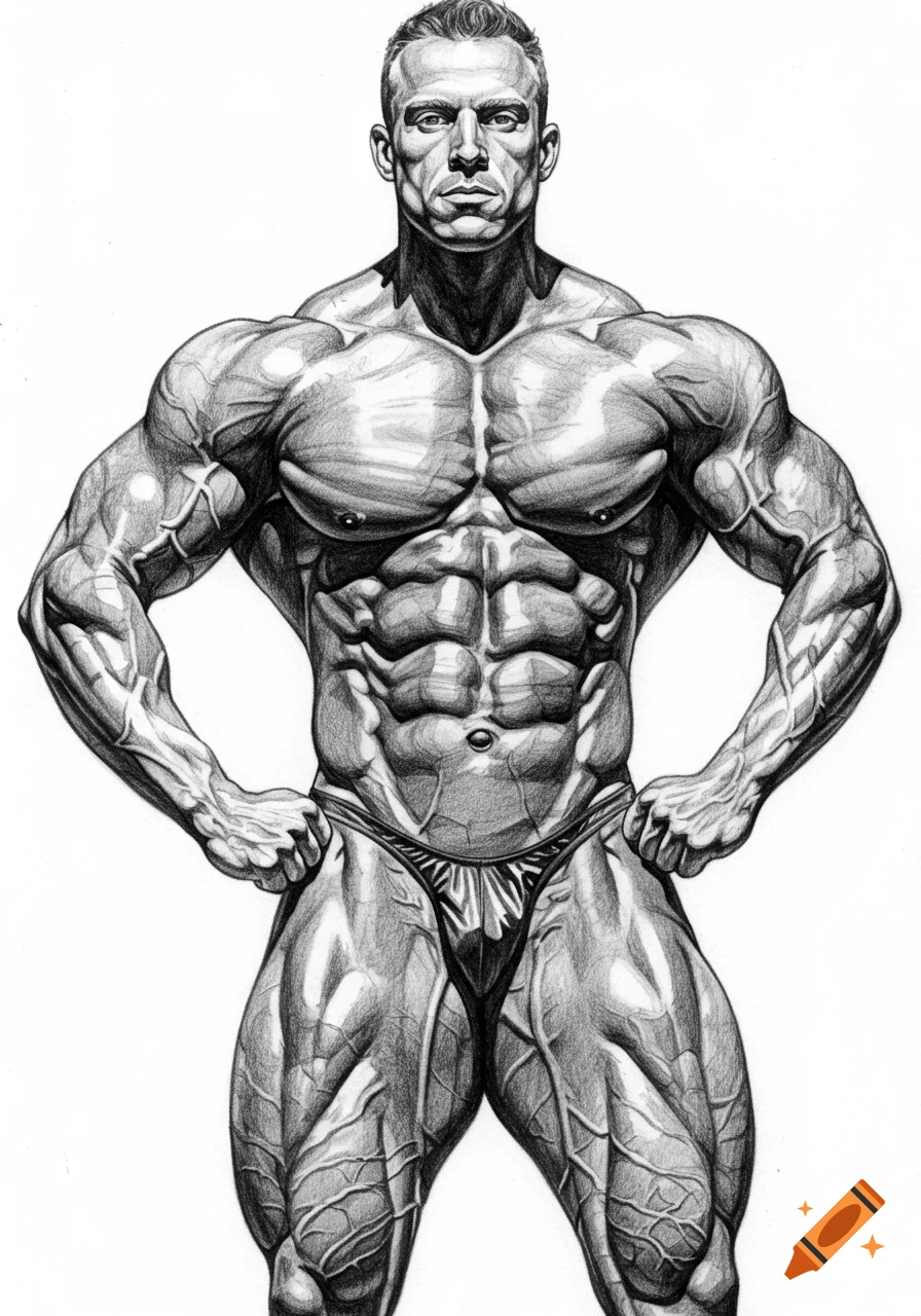 Detailed black and white sketch of a male bodybuilder posing, emphasizing extreme muscle definition and vascularity.