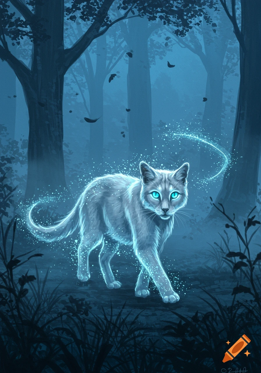 A glowing, ethereal white cat with bright blue eyes walks through a dark, misty forest, surrounded by sparkling light trails.