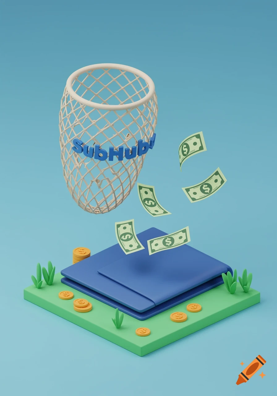 An isometric 3D illustration shows dollar bills flying out of a wallet into a white net labeled "SubHub!". Golden coins and green plants are on the ground.