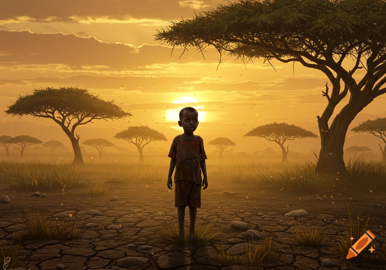 A young child stands in a dry, cracked savanna landscape at sunset, with acacia trees silhouetted against the bright orange sky.