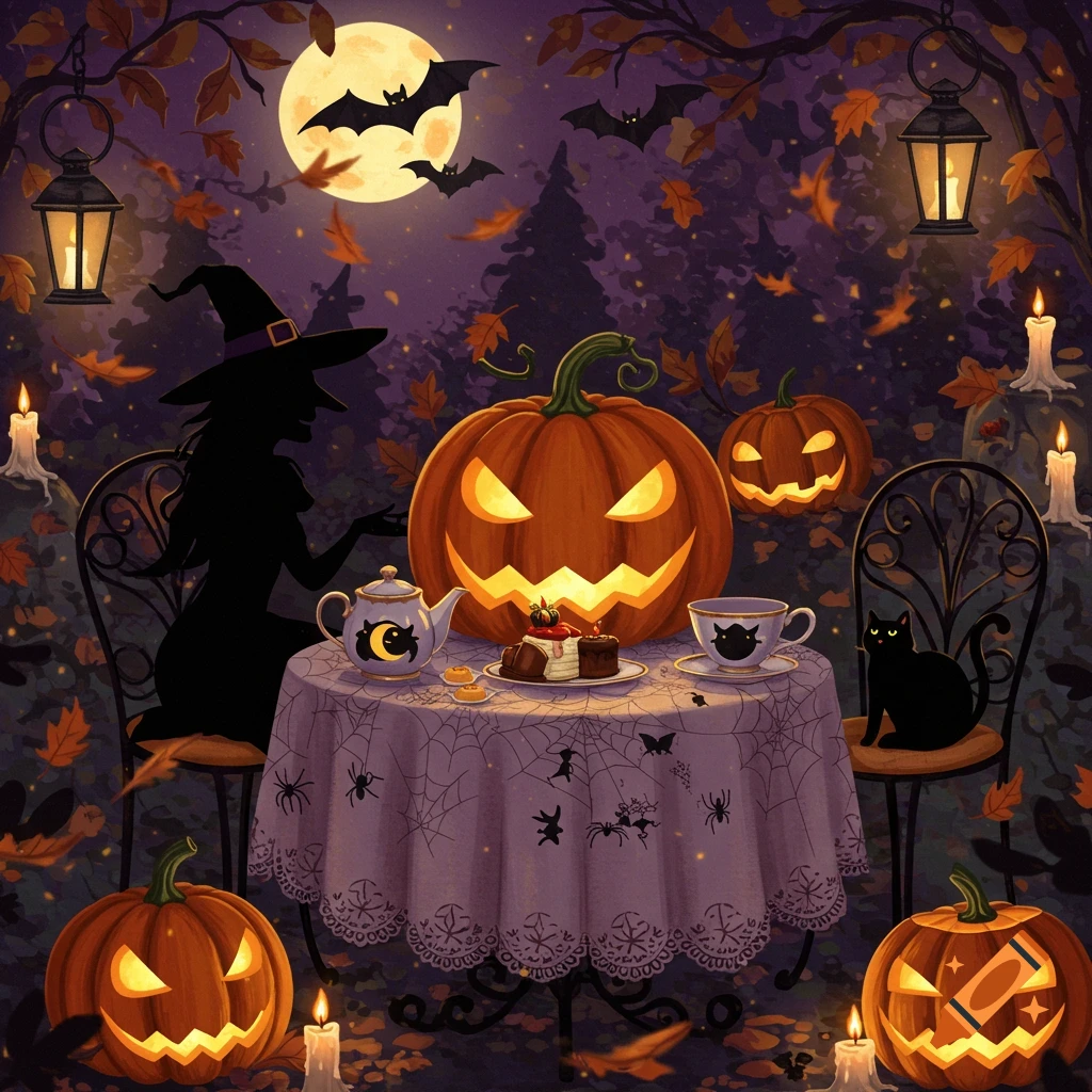 A whimsical illustration of a Halloween tea party with glowing jack-o'-lanterns, a witch silhouette, black cat, and bats under a full moon.