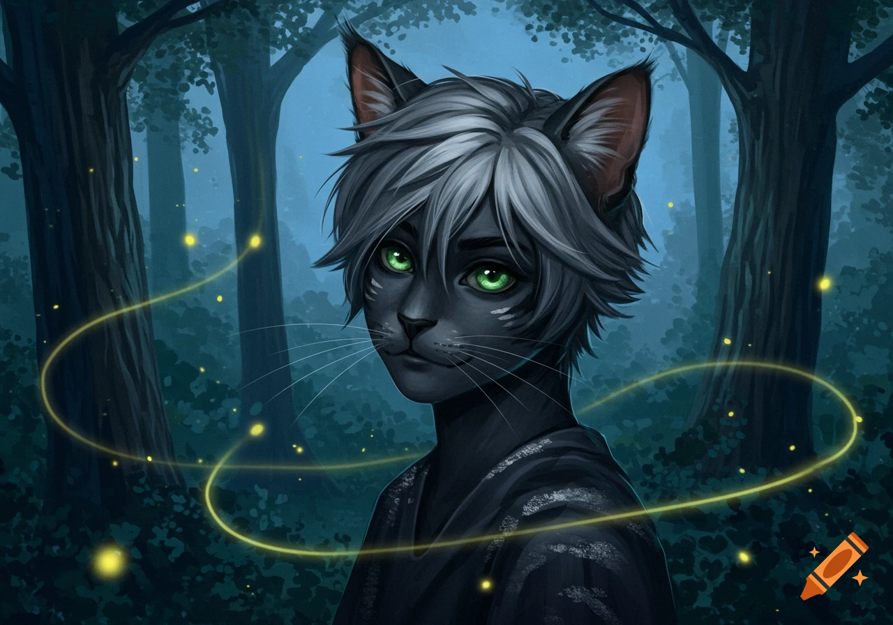 A stylized dark-furred cat boy with green eyes and grey hair stands in a mystical forest with glowing light trails.
