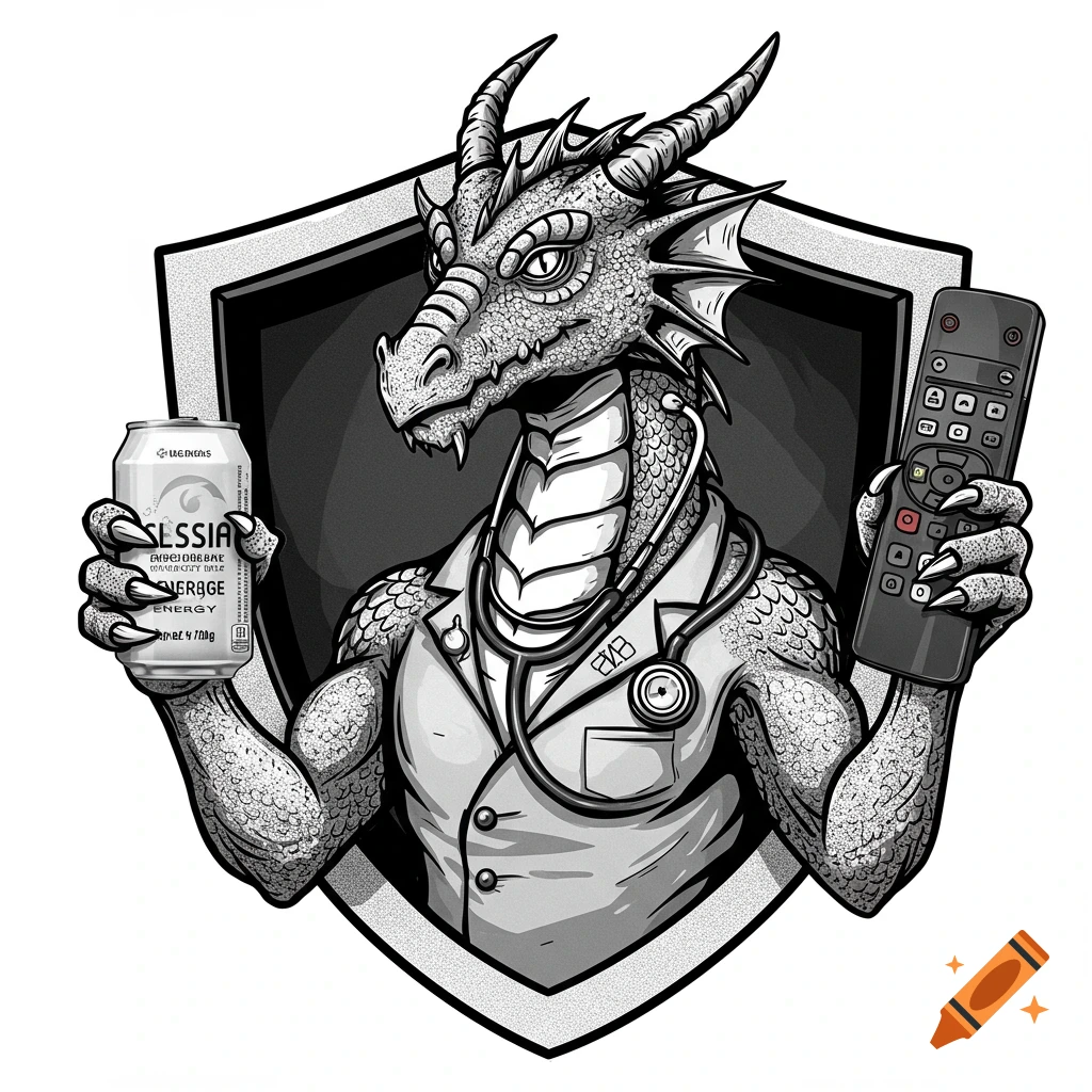 A black and white emblem showing a dragon wearing a doctor's coat and stethoscope, holding an energy drink can and a TV remote.