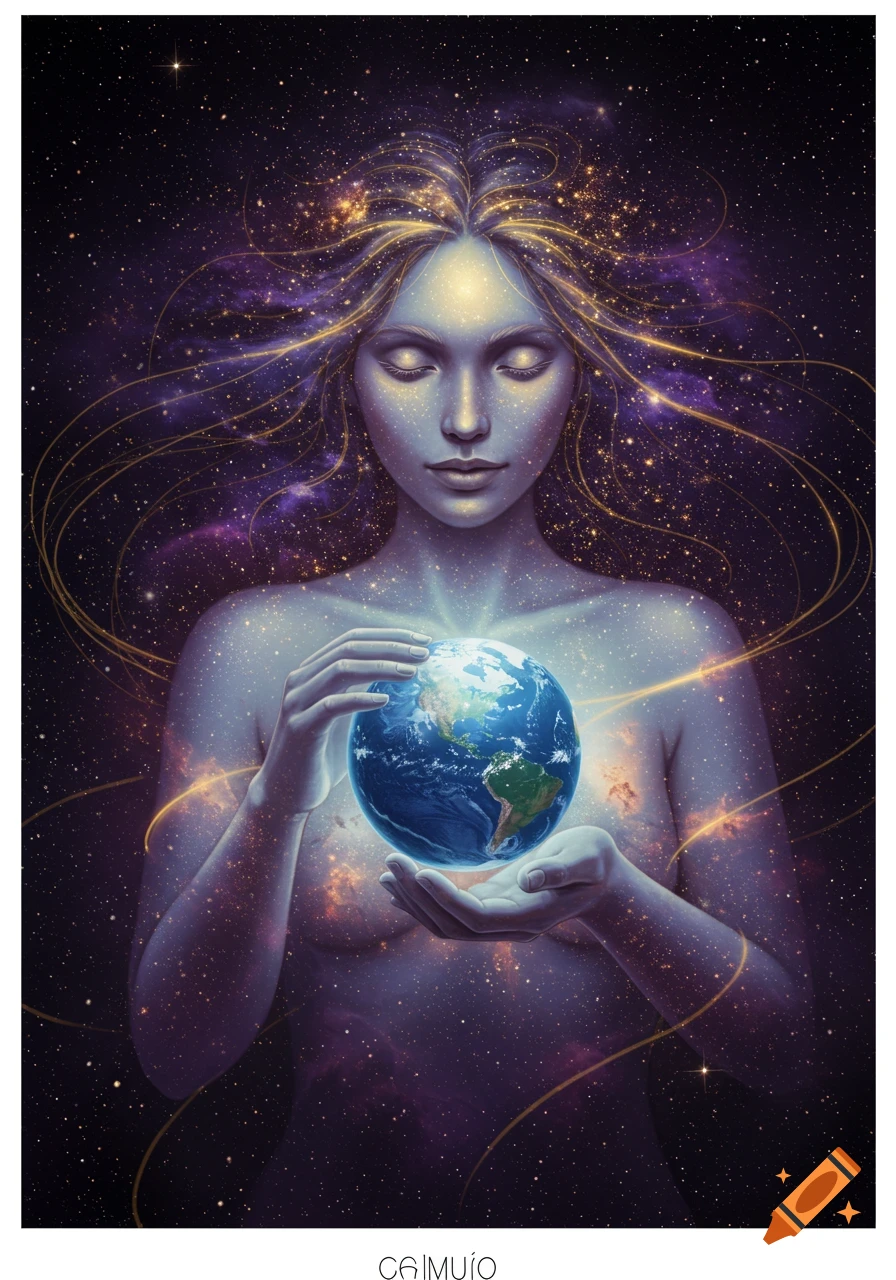 A celestial woman with closed eyes and glowing, starry hair holds the Earth, surrounded by stars and nebulae in a cosmic setting.