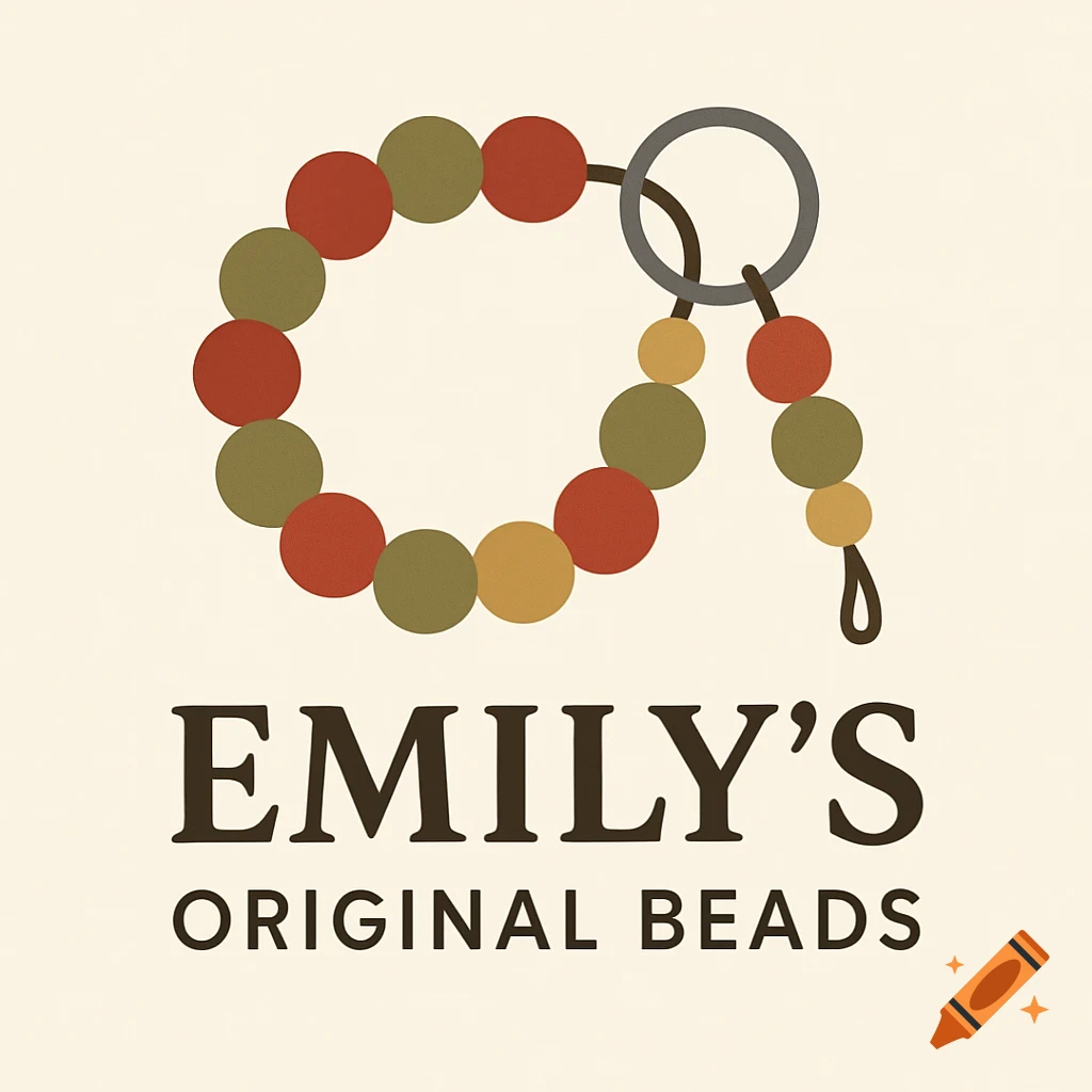 A logo for Emily's Original Beads featuring a string of colorful beads forming a bracelet and keychain design.
