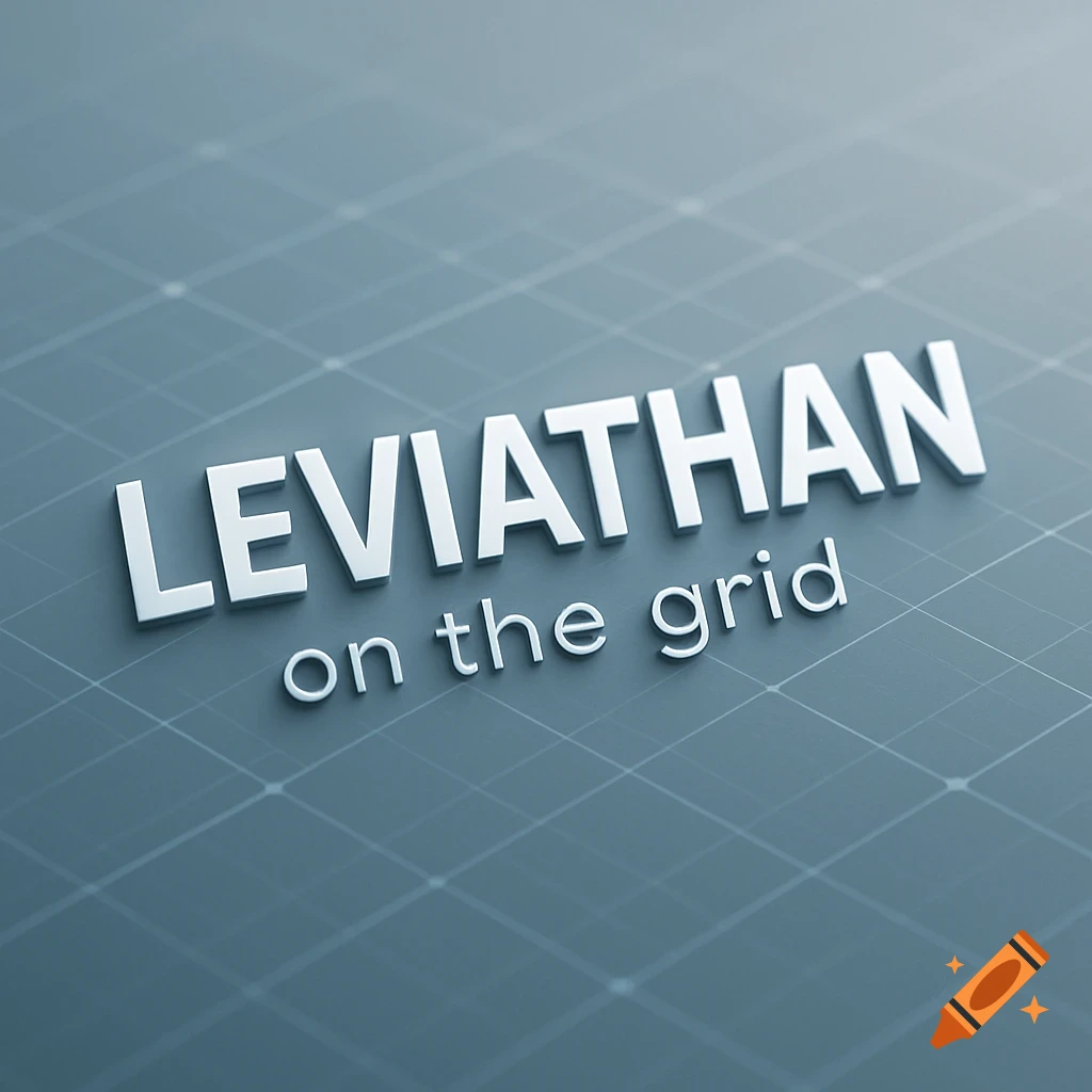 A 3D white text logo for "LEVIATHAN on the grid" on a dark gray grid background.