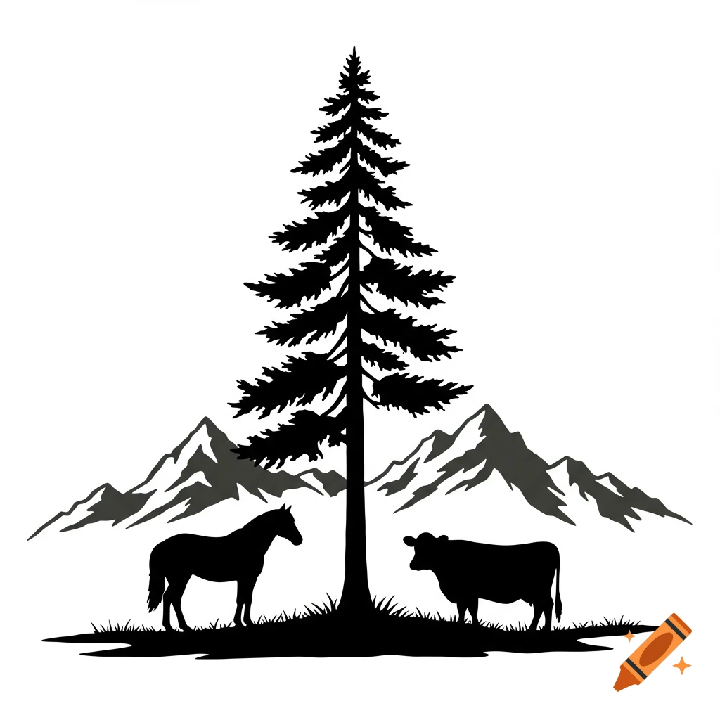 Black silhouette stencil of a pine tree with a horse and cow in a mountain landscape.