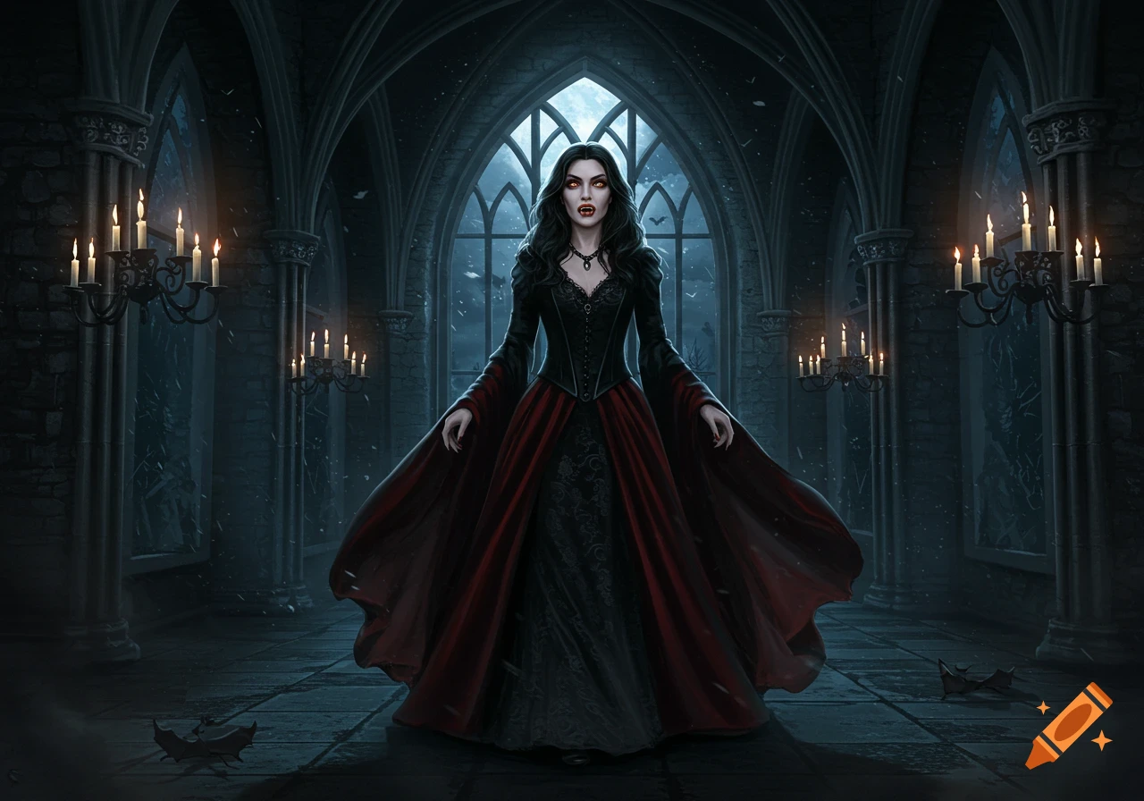 A vampire enchantress with fangs and red eyes in a black and red gown stands in a dark, candlelit gothic castle hall.