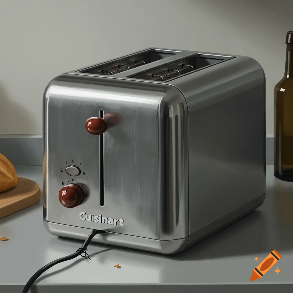 A photorealistic image of a stainless steel Cuisinart toaster with red dials and a cut power cord on a kitchen counter.