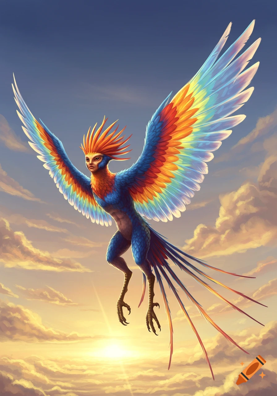 A colorful feathered bird-human hybrid creature with a human-like face and large, vibrant wings flies gracefully against a sunset sky filled with clouds.