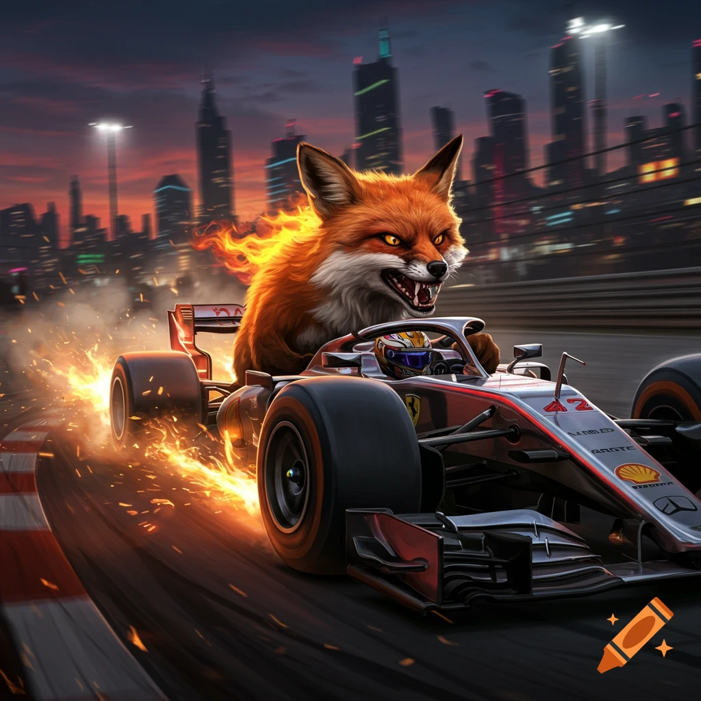 An angry fox with fiery fur drives a Formula 1 race car on a track at dusk, with a city skyline in the background.