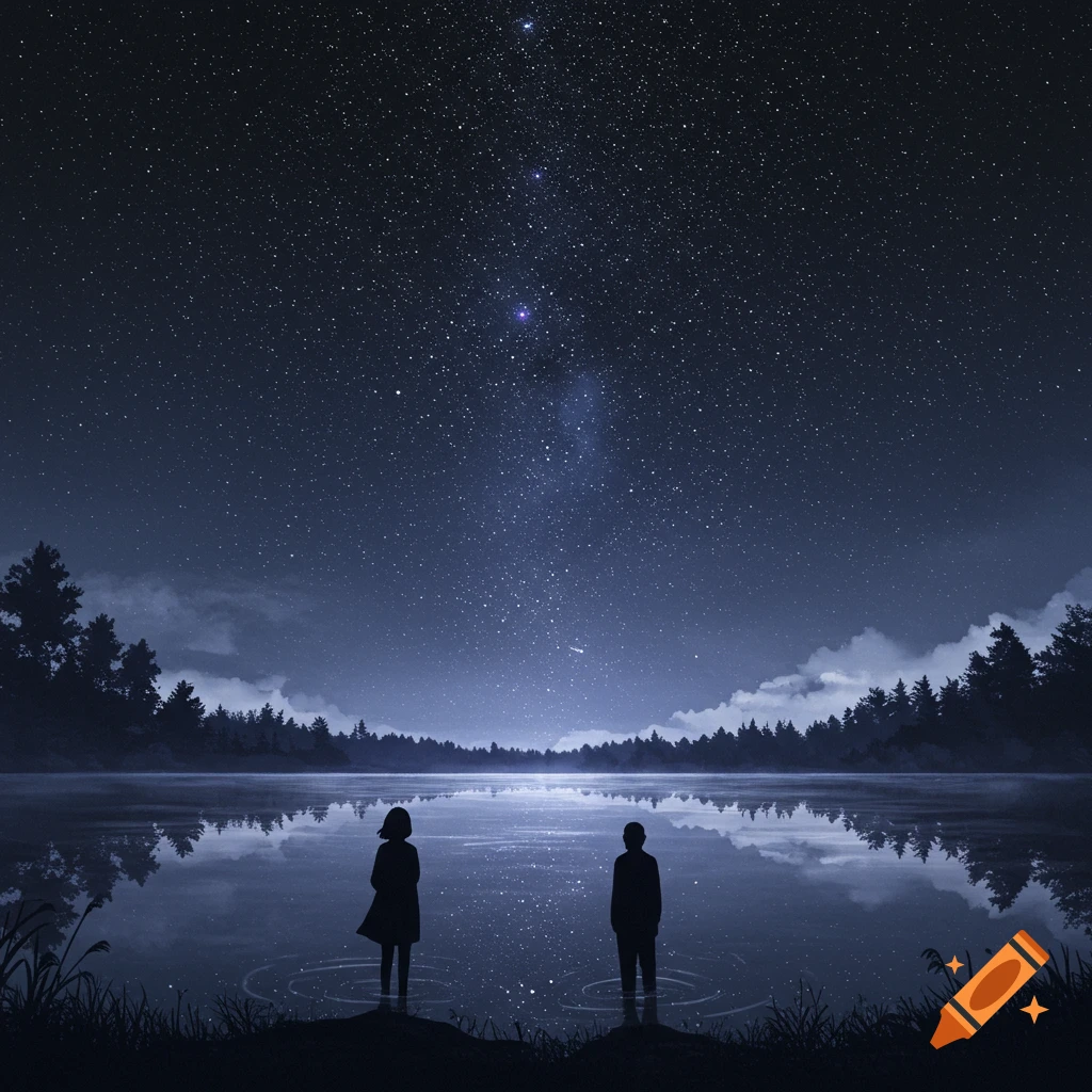 Two silhouetted figures stand in a lake under a vast, star-filled night sky, with forests lining the distant shores. Stylized digital art.