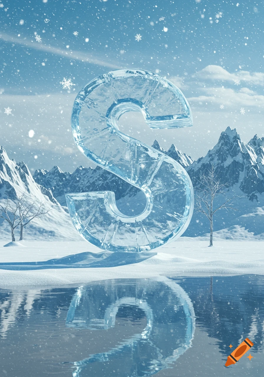 A large, translucent ice sculpture of the letter 'S' stands in a snowy mountain landscape with a reflective body of water.