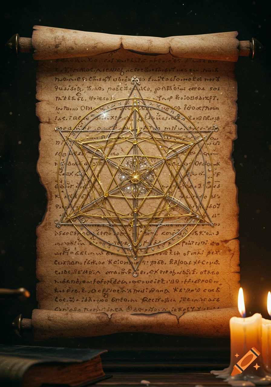 An ancient parchment scroll displays an intricate gold and silver geometric symbol, resembling Metatron's Cube, under soft light. Lit candles flicker in the foreground.