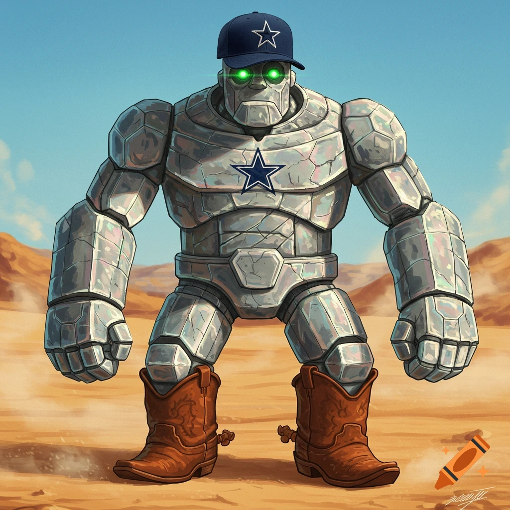 A stone golem with glowing green eyes, wearing a Dallas Cowboys baseball cap and cowboy boots, stands in a desert.