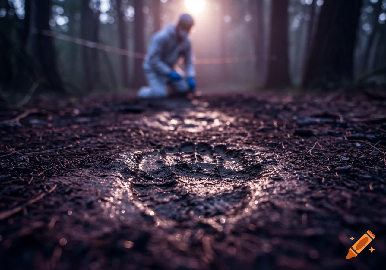 Extreme close-up of muddy shoeprints on forest ground, a blurred forensic investigator kneels in the background, lit by a soft spotlight.