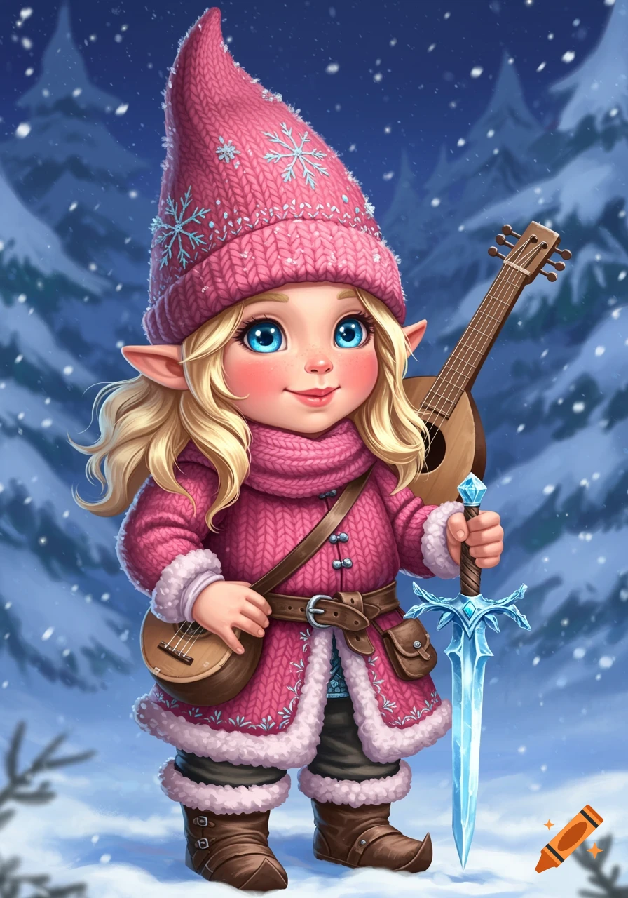 A cute blonde female gnome in pink winter clothes, holding an icy sword and carrying a lute in a snowy landscape.
