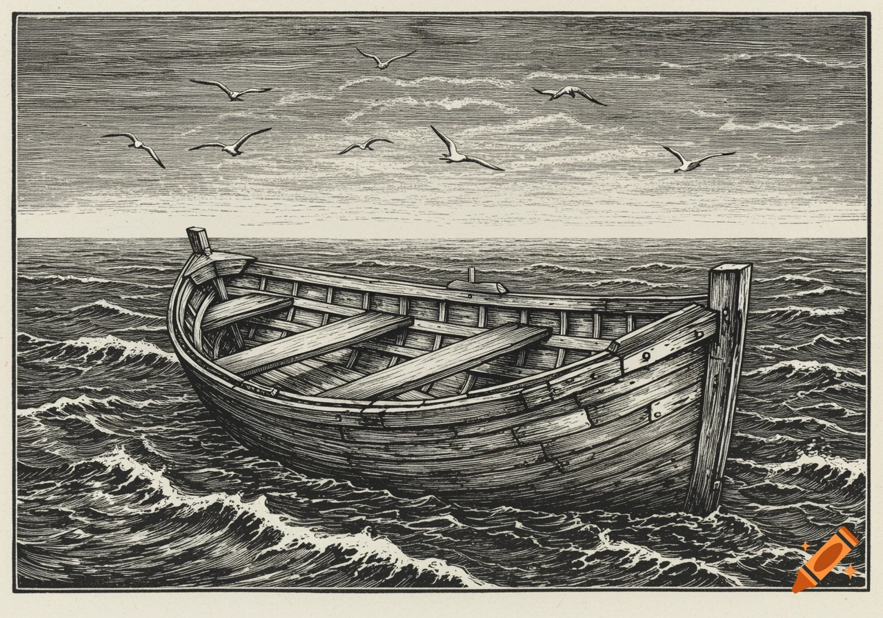 A black and white engraving shows an old wooden boat floating on a wavy ocean under a cloudy sky with seagulls flying above.