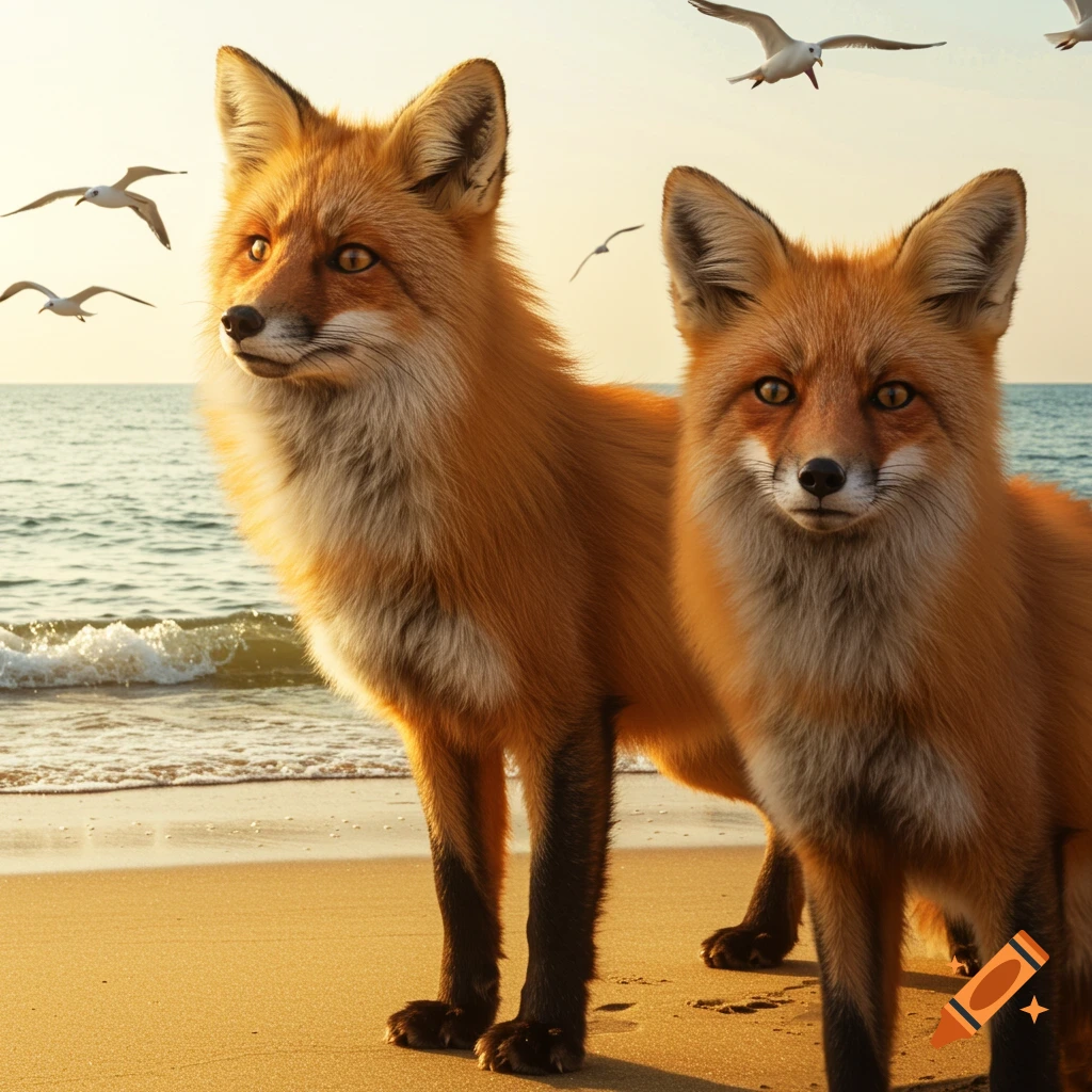 Two reddish-brown foxes stand on a sandy beach at sunset, with seagulls flying over the ocean.