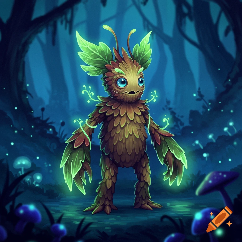 A cute, stylized glowing plant monster with large leaves and blue eyes stands in a dark, magical forest with luminescent mushrooms.
