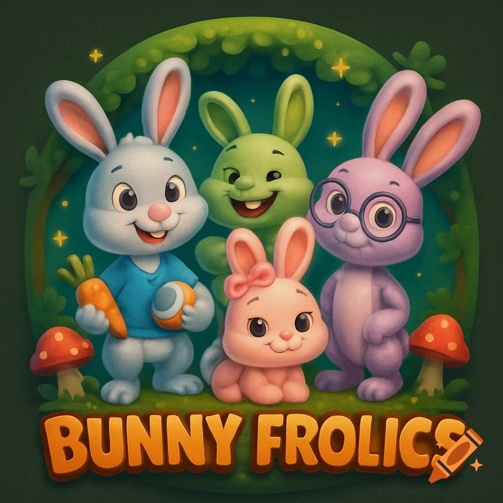 Four vibrant 3D cartoon bunnies in a circular forest frame with sparkles and mushrooms, with the text 'BUNNY FROLICS' below.
