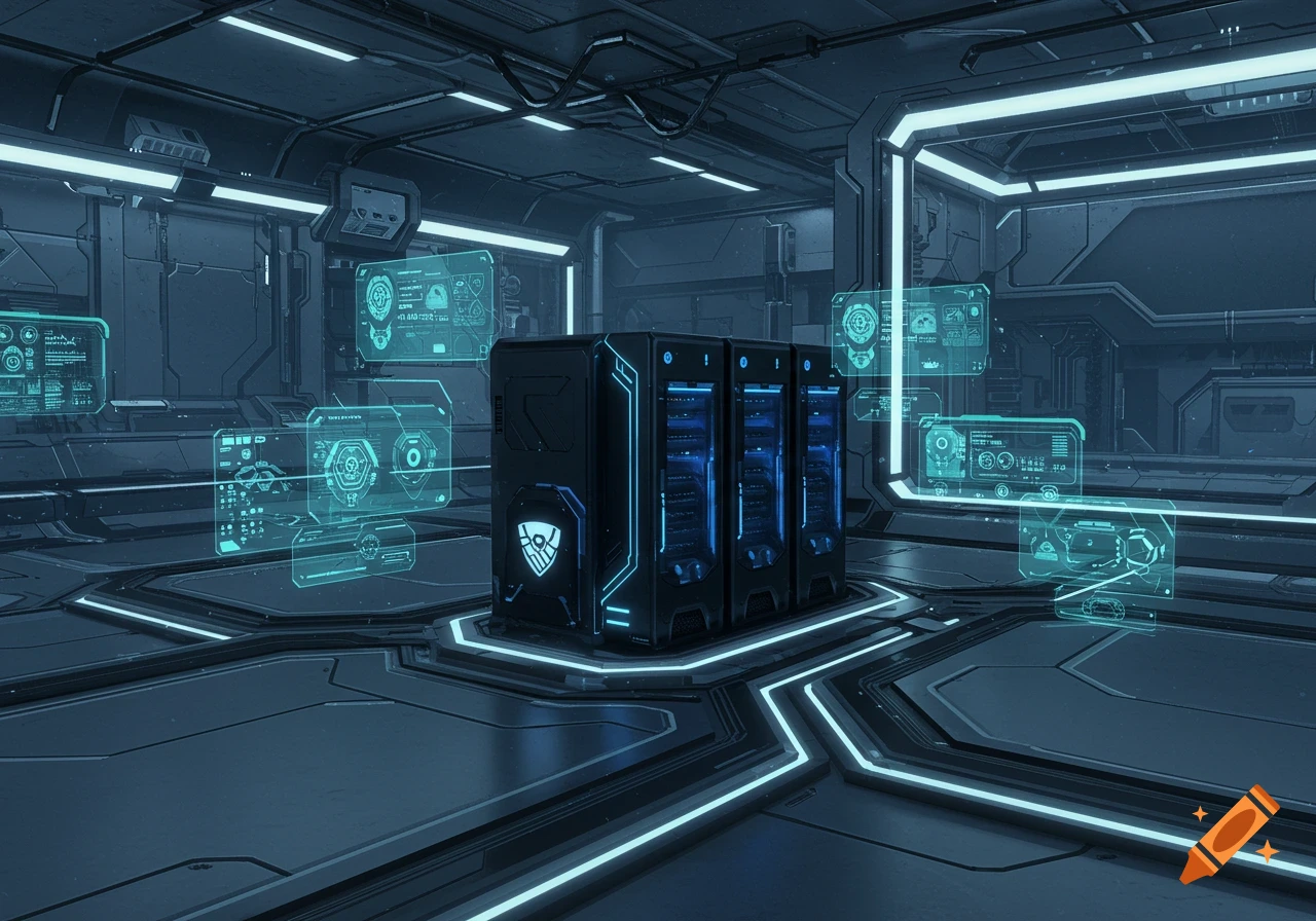 A futuristic server room featuring black server racks with glowing blue lights and multiple translucent holographic displays with data.