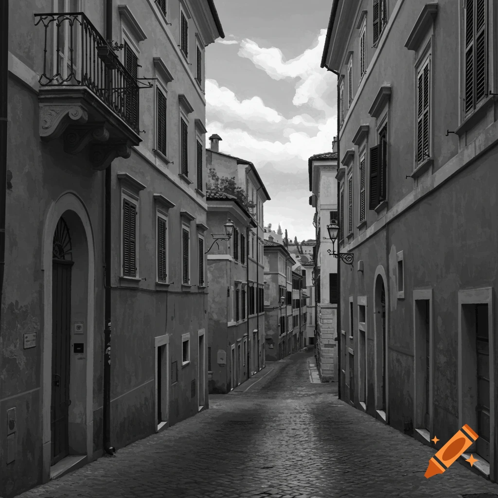 A narrow cobblestone street between tall, old buildings with shuttered windows in a grayscale, illustrative style.
