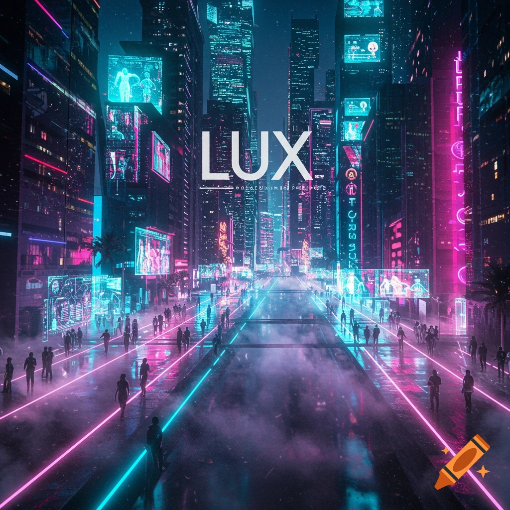 A neon-lit futuristic cityscape at night with tall buildings, a wide street, and many silhouettes of people. The word 'LUX' glows brightly in the sky.