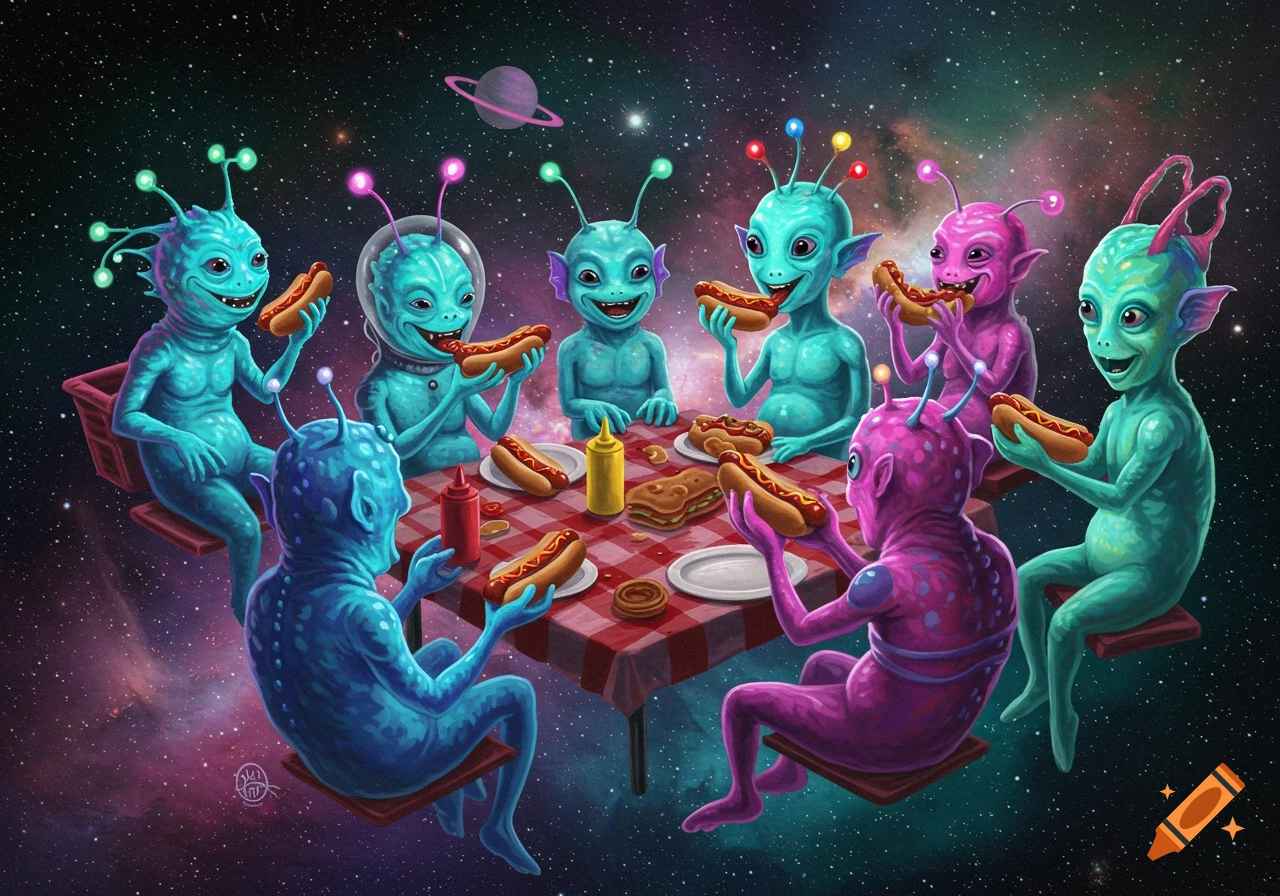 Colorful cartoon aliens in space sit at a red and white checkered table, happily eating hot dogs.