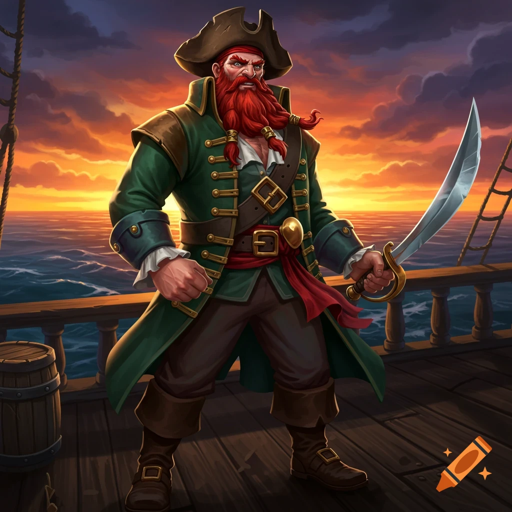 A red-bearded pirate captain in a green coat stands on a ship deck with a cutlass at sunset, in a game art style.