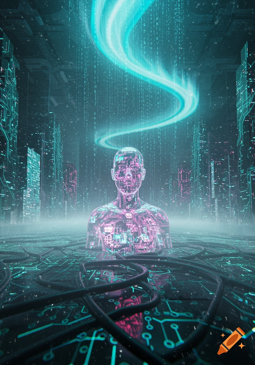 A glowing, translucent figure with internal circuits in a misty, futuristic city with binary code rain, digital art.