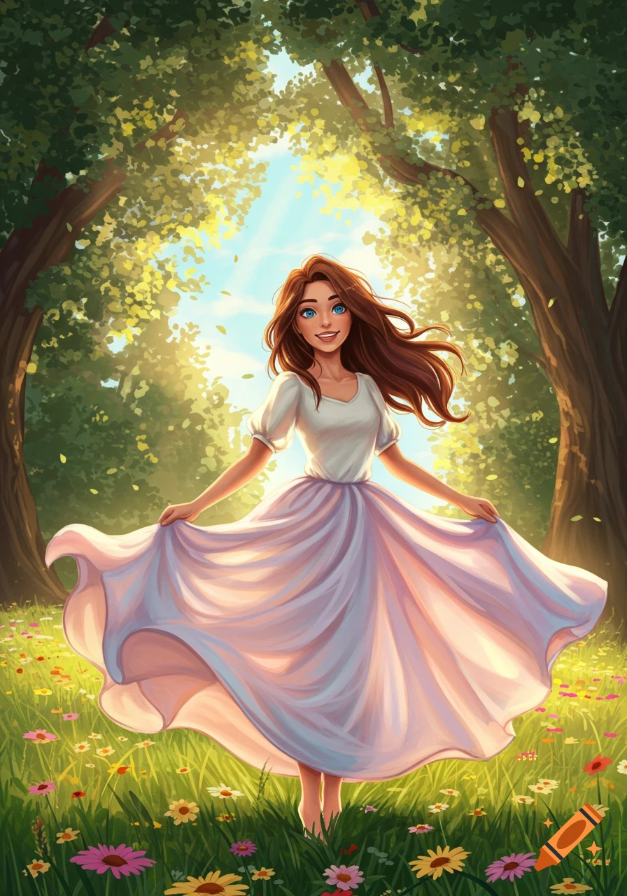 Smiling woman with long brown hair in a white top and purple skirt walks through a sunny, flower-filled forest clearing, illustrated.