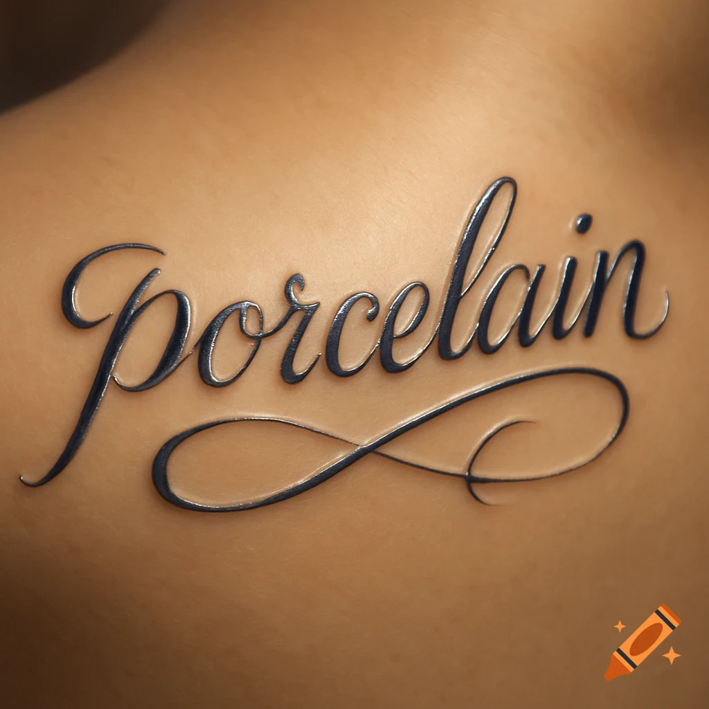 A close-up of a realistic elegant cursive tattoo spelling 'Porcelain' on a person's skin.