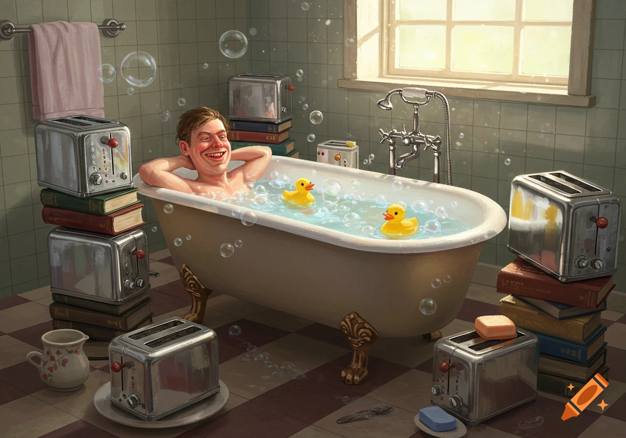 An illustrated man laughs while bathing in a tub with rubber ducks, surrounded by stacks of books and numerous toasters.