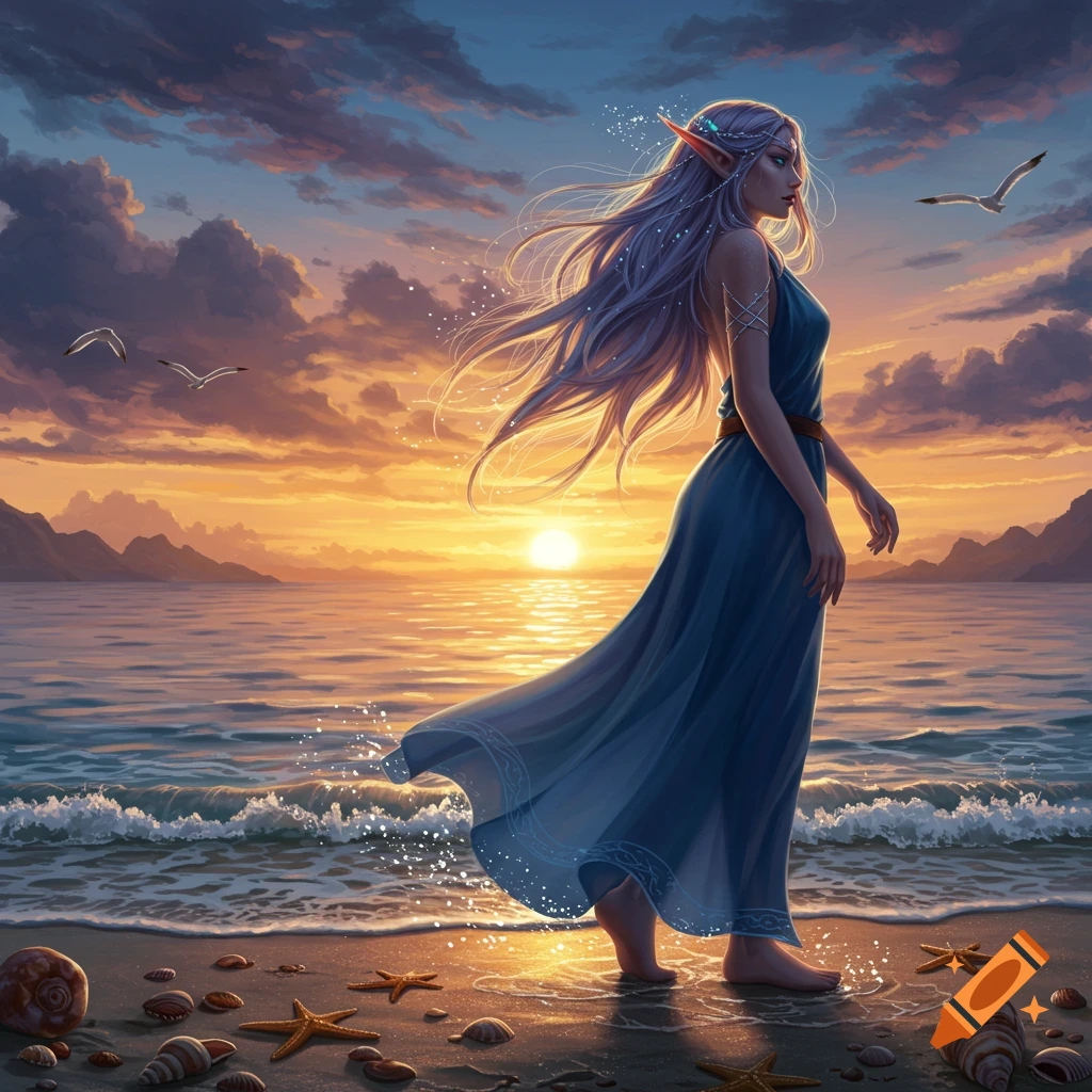 A female elf with long purple hair stands in shallow ocean water at sunset on a beach adorned with seashells and starfish.