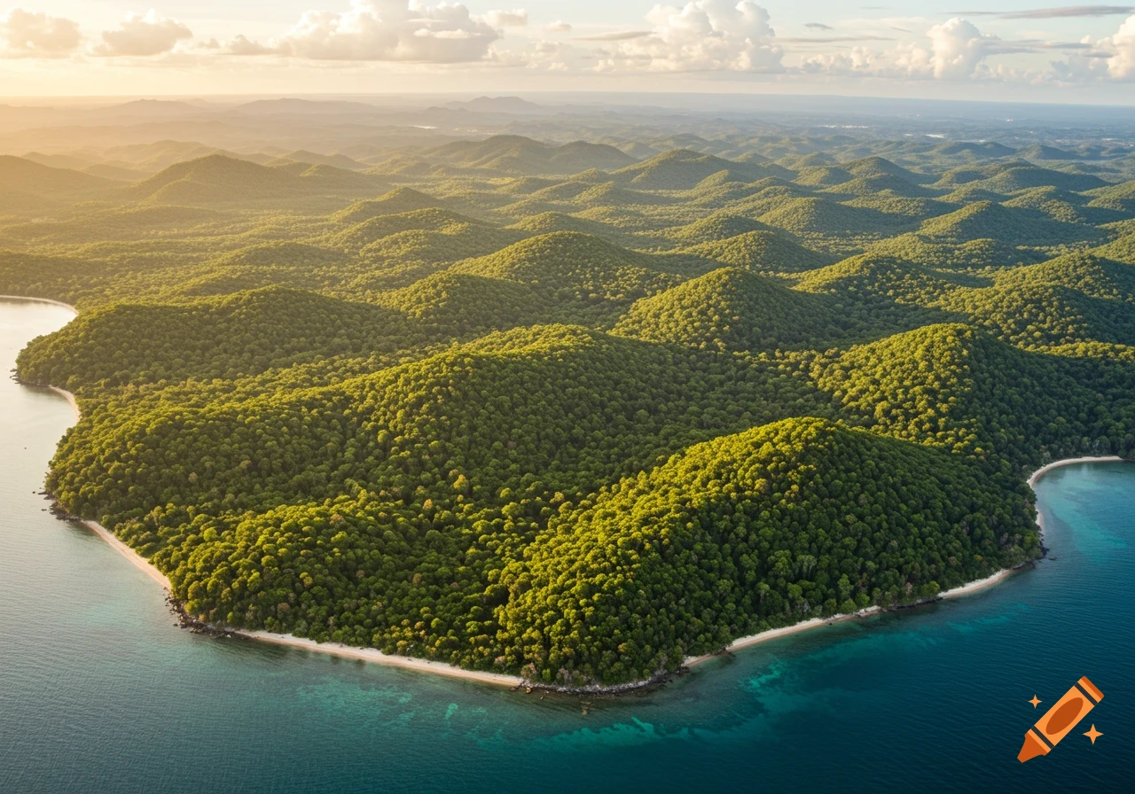Aerial view of a lush green island with rounded forested hills meeting turquoise ocean water under a sunny sky.
